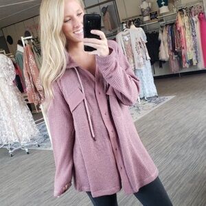 New In, Casual,Hooded,Waffle-Weave Top, Drawstring Hoodie in Soft Lilac,Size L